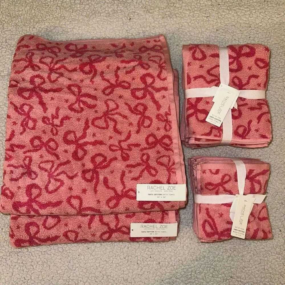 Rachel Zoe Bath Towel Set Pink Reversible Feminine Girly Bow Pattern NWT
